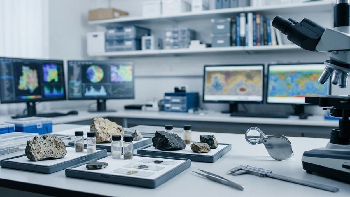 Vista de un laboratorio planetario con muestras lunares bajo análisis comparativo para estudiar el origen de la corteza de Mercurio