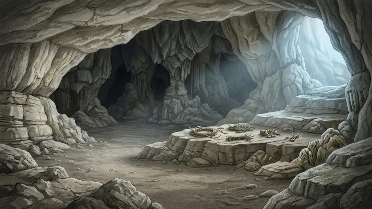 Interior de una cueva seca con ventilación visible y restos orgánicos preservados como contexto arqueológico