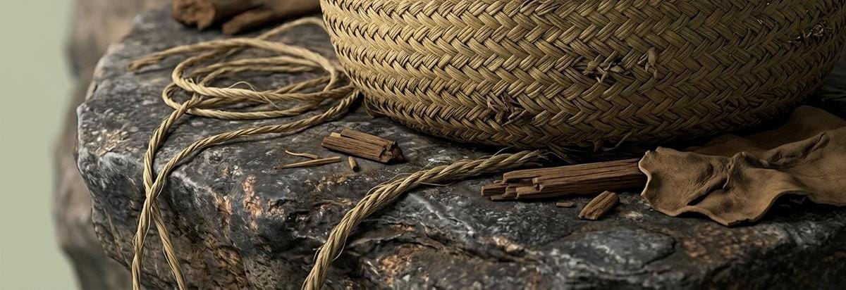 Detalle arqueológico de una cesta de esparto y fibras orgánicas preservadas en la cueva, con lectura científica de conservación natural