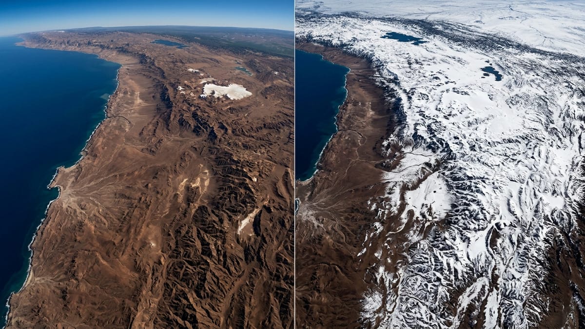 Ilustración con IA que representa un paisaje desértico antes y después de una nevada
