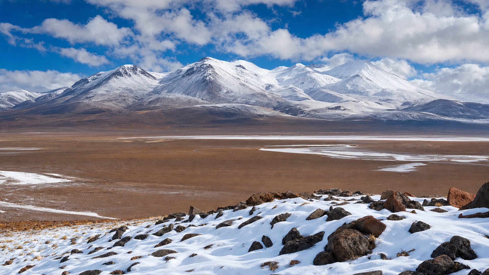 Nieve cubriendo partes del desierto de Atacama con montañas andinas al fondo y nubes invernales sobre la costa.