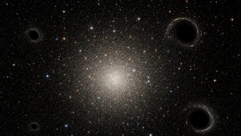 Ilustración de Omega Centauri como cúmulo estelar denso con un centro oscuro que sugiere un déficit aparente de agujeros negros.