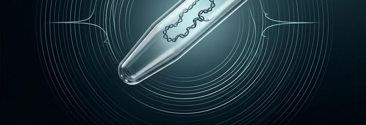 Ilustración editorial generada con IA sobre el análisis molecular de péptidos en laboratorio