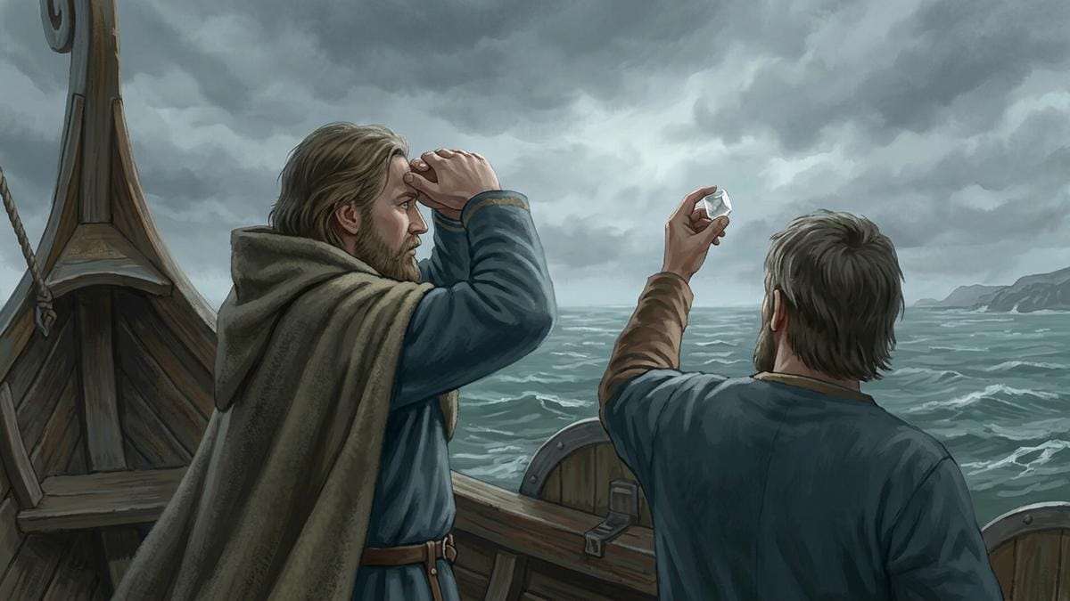 Navegante vikingo orientándose bajo un cielo cubierto con ayuda de un cristal y el horizonte marítimo.