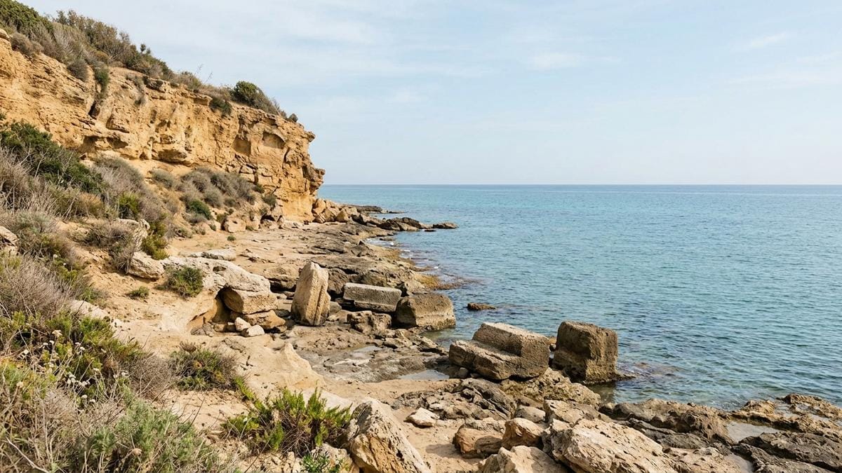 Acantilado costero de Santa Marinella con restos arqueológicos y el mar Tirreno al fondo, en una escena de contexto histórico