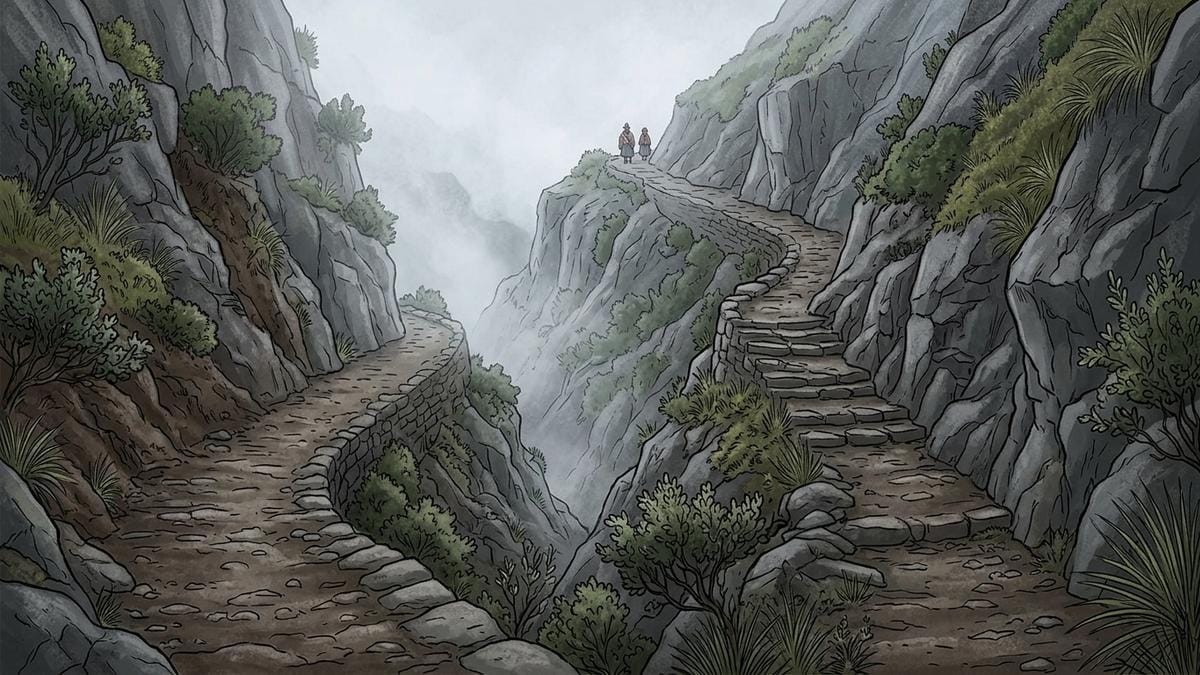 Ilustración generada con IA de un camino de piedra entre laderas andinas; no representa un tramo identificado.
