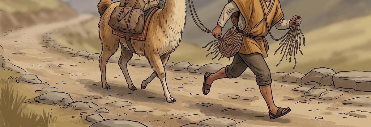 Ilustración generada con IA de una persona y una llama de carga en un sendero andino; escena histórica imaginada.