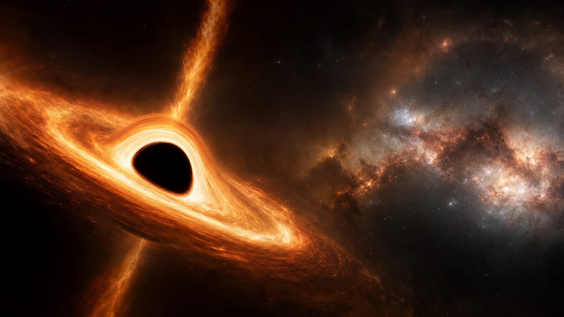 Ilustración de un agujero negro supermasivo en una galaxia lejana del universo temprano.