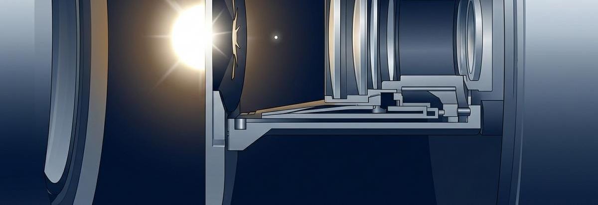 Primer plano de un sistema óptico con luz estelar bloqueada parcialmente y un patrón de contraste que sugiere detección de exoplanetas.
