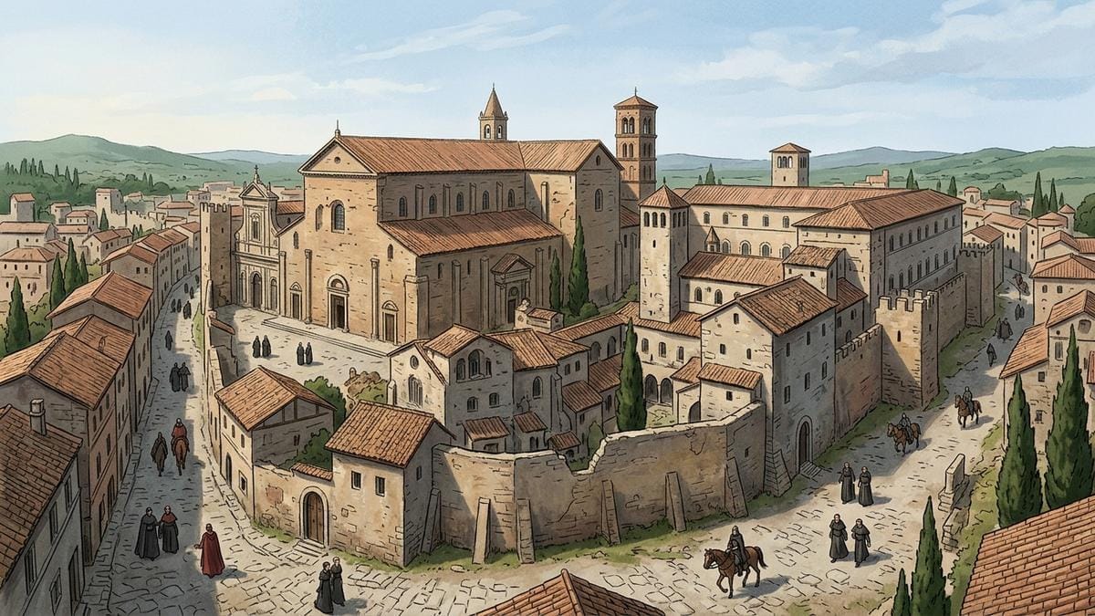 Vista exterior de la Roma medieval con la basílica de San Juan de Letrán y edificios eclesiásticos bajo una luz de mañana, evocando el centro de poder donde se disputaba la legitimidad papal.