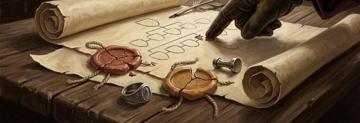 Detalle editorial de un pergamino medieval con sellos rotos, anillos episcopales y una mano señalando una cadena de sucesión, simbolizando la disputa por la legitimidad y la revocación de decisiones papales.