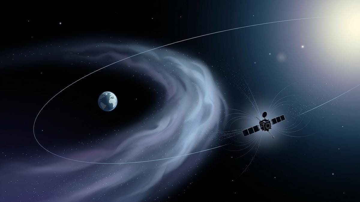 Vista editorial de la órbita terrestre y la trayectoria de una eyección solar, con la nave STEREO-A recogiendo datos en el espacio interplanetario.
