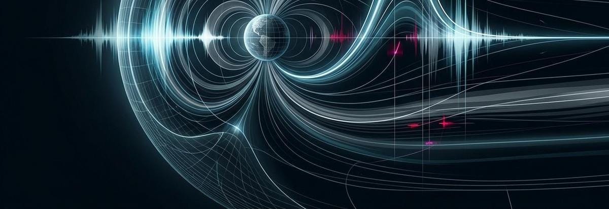 Primer plano editorial de un magnetograma y líneas de campo geomagnético representando una tormenta hipotética, con datos científicos abstractos y sin texto legible.