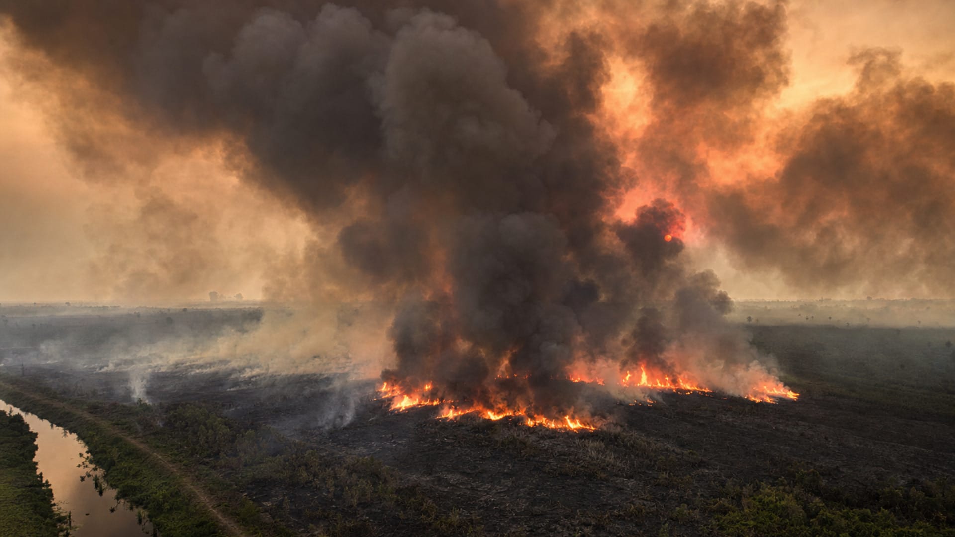 Ilustración de una turbera con combustión subterránea, humo y canales de drenaje.