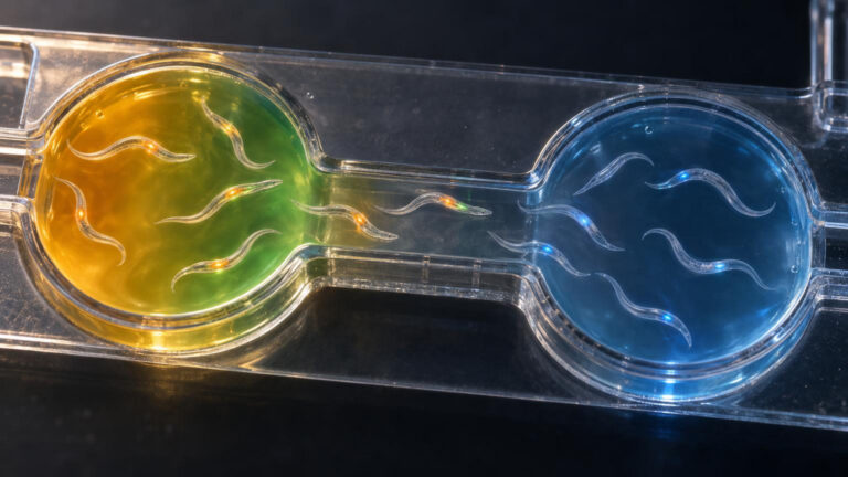 Ilustración de C. elegans en una arena microfluídica con gradientes químicos y señales neuronales opuestas de atracción y repulsión.