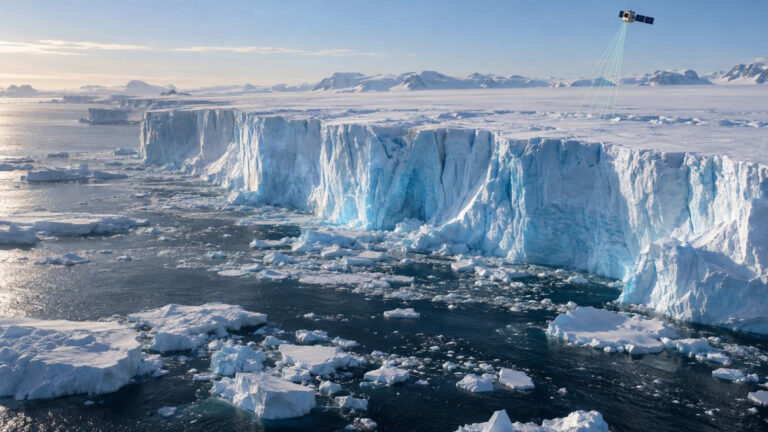 Ilustración de un satélite midiendo acantilados de hielo en la costa antártica con mélange frente al glaciar.