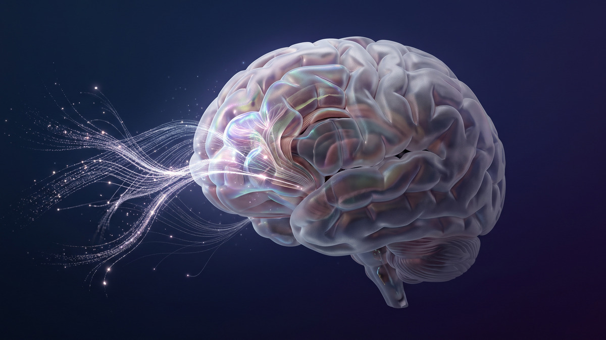 Ilustración de una red neuronal conceptual con trayectorias futuras superpuestas en una corteza frontal abstracta.