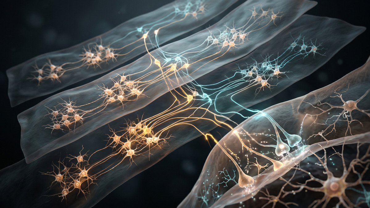 Ilustración de neuronas organizadas en capas temporales que codifican lugares y retardos preferidos.