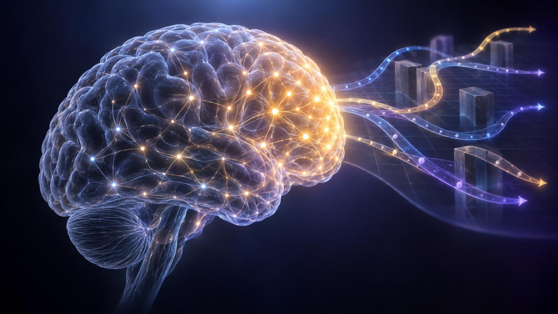 Ilustración de una red neuronal en la corteza prefrontal que representa estados futuros y una trayectoria hacia una meta.
