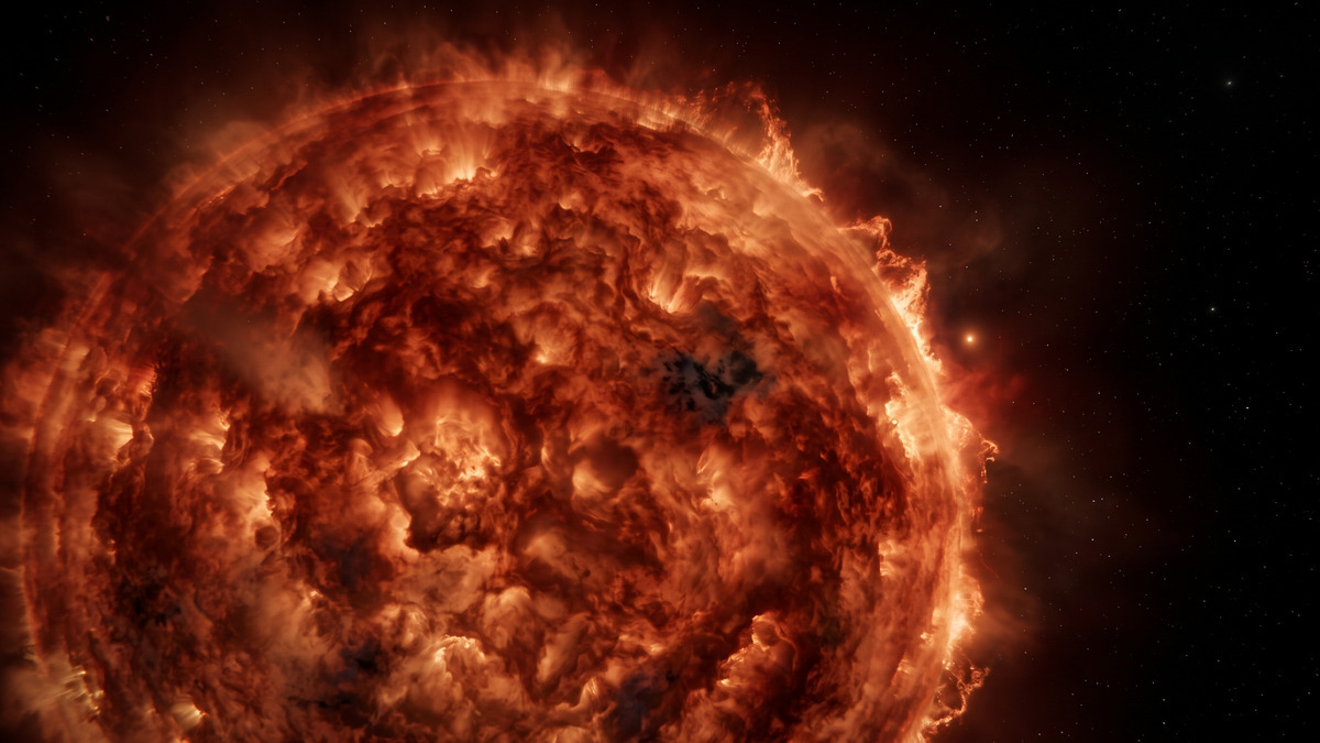 Ilustración de Betelgeuse dominando un campo estelar oscuro, con una compañera tenue cerca de su resplandor.