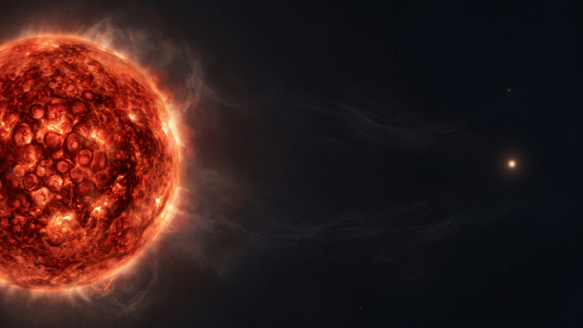 Ilustración de una estrella roja y su compañera en una órbita amplia, con separación aparente marcada.