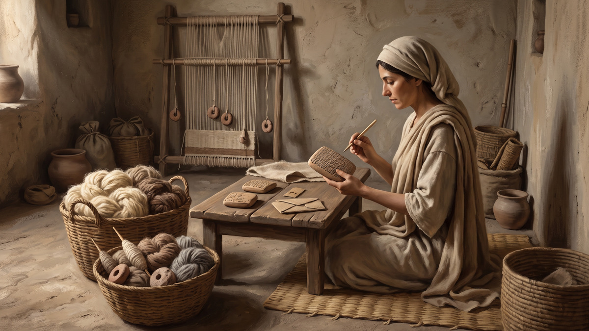 Ilustración de una escena doméstica antigua con herramientas textiles y tablillas de arcilla.