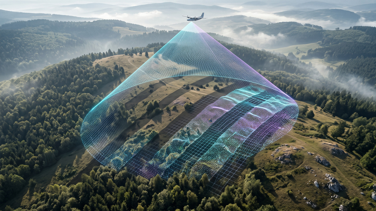 Ilustración de un barrido lidar aéreo cubriendo franjas del terreno entre líneas de medición