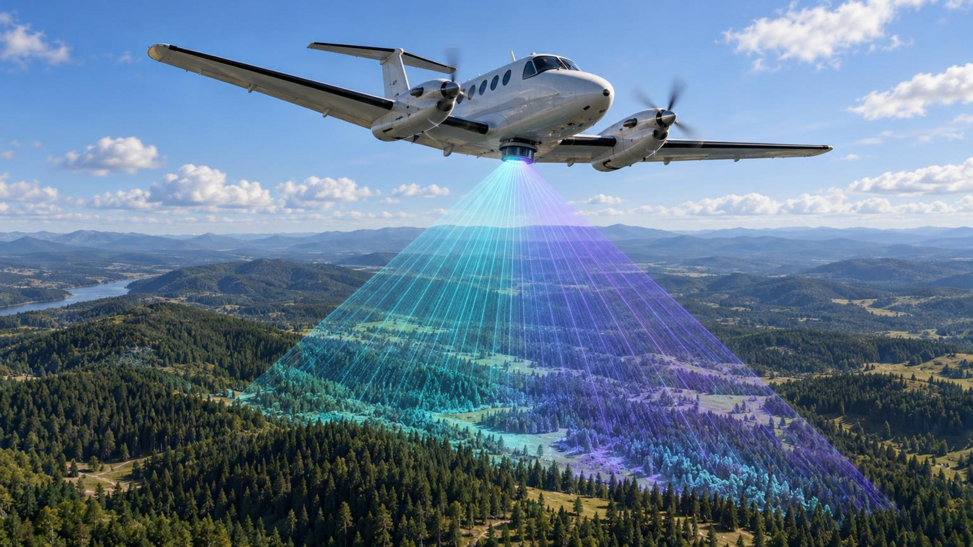 Ilustración de un avión científico emitiendo una franja de haces lidar sobre bosques y terreno para representar el barrido de CASALS.