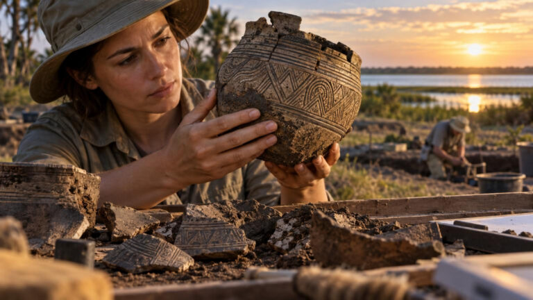 Ilustración de fragmentos de cerámica de Tampa Bay con cortes de pasta que muestran grog y mica bajo análisis arqueológico.