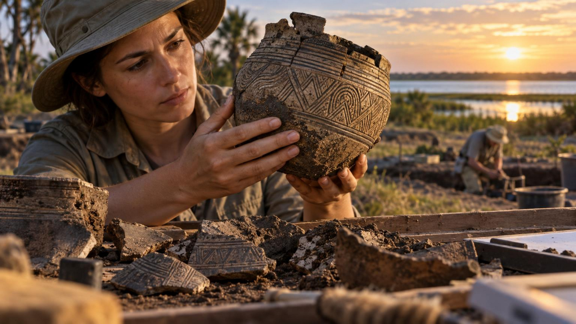 Ilustración de fragmentos de cerámica de Tampa Bay con cortes de pasta que muestran grog y mica bajo análisis arqueológico.