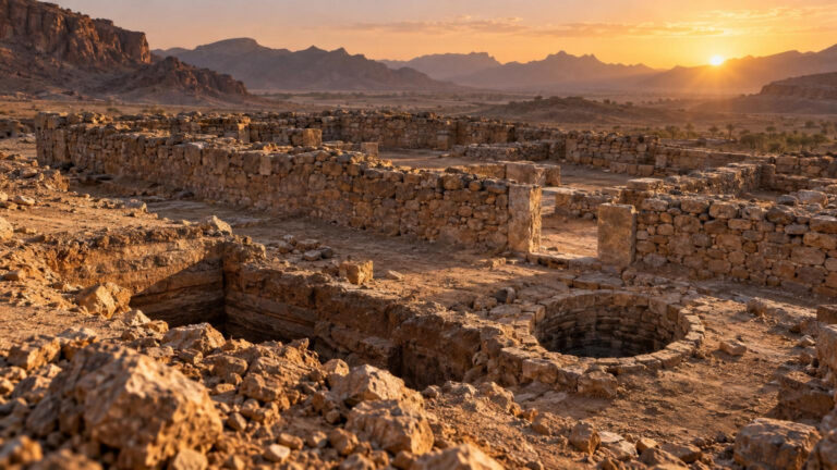 Ilustración de un poblado tardoantiguo excavado al sur de Dadan, con montículos de piedra, un edificio fortificado y un pozo en un paisaje de oasis árido.