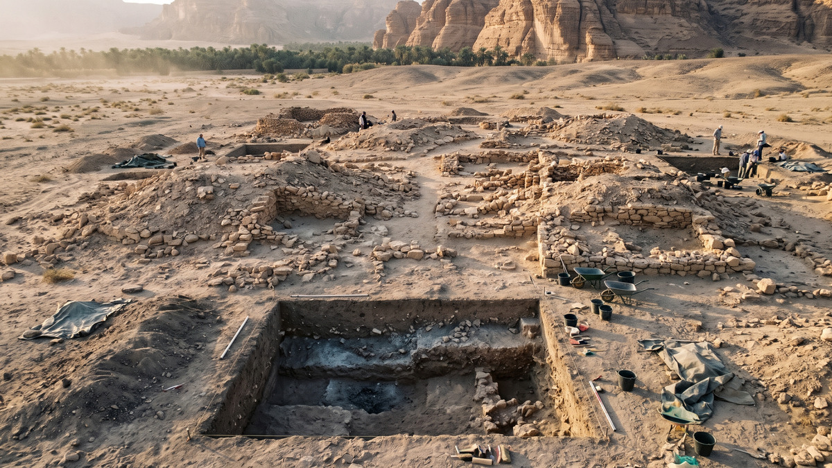 Ilustración de montículos de piedra al sur de Dadan con una zona de excavación abierta y estratos visibles.