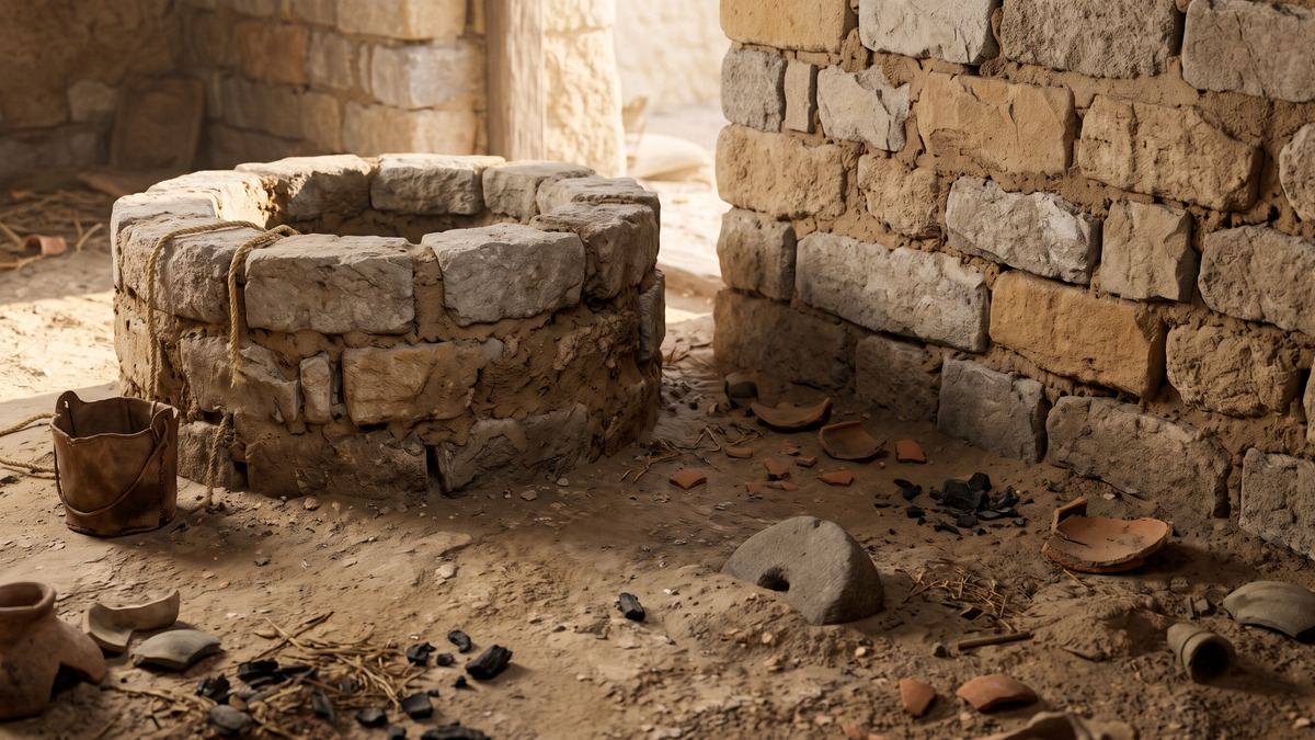 Ilustración de un pozo excavado junto a un muro de piedra dentro de una residencia tardoantigua.