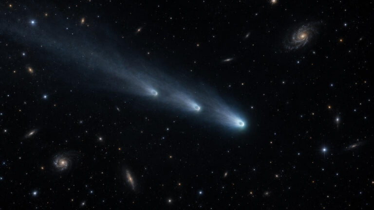 Ilustración del cometa C/2026 S1 como una estela repetida y una nube difusa en imágenes de Euclid.