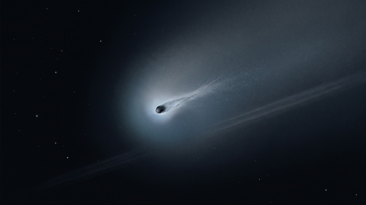 Ilustración de un cometa con coma difusa que revela actividad en torno al núcleo