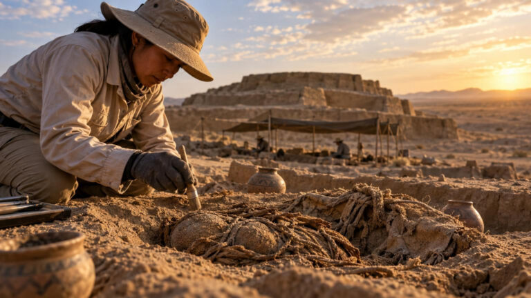 Ilustración del sitio arqueológico de Huaca Amarilla en el desierto de Sechura, con tumbas señaladas, cerámicas y ajuares funerarios.