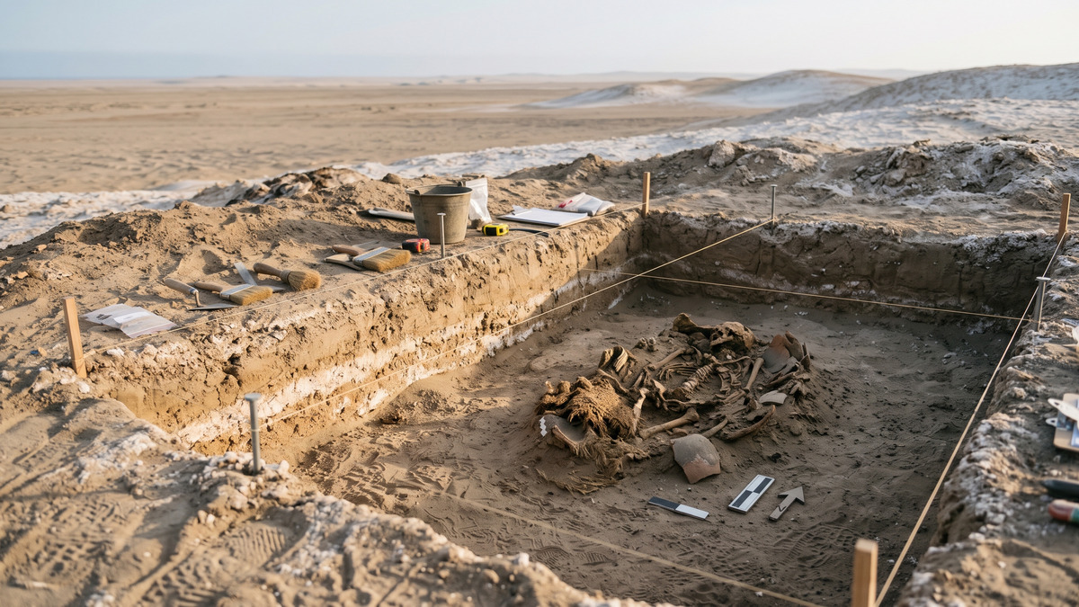 Ilustración de una excavación arqueológica en el desierto de Sechura con arena fina, cuadrícula de trabajo y una tumba infantil parcialmente expuesta.