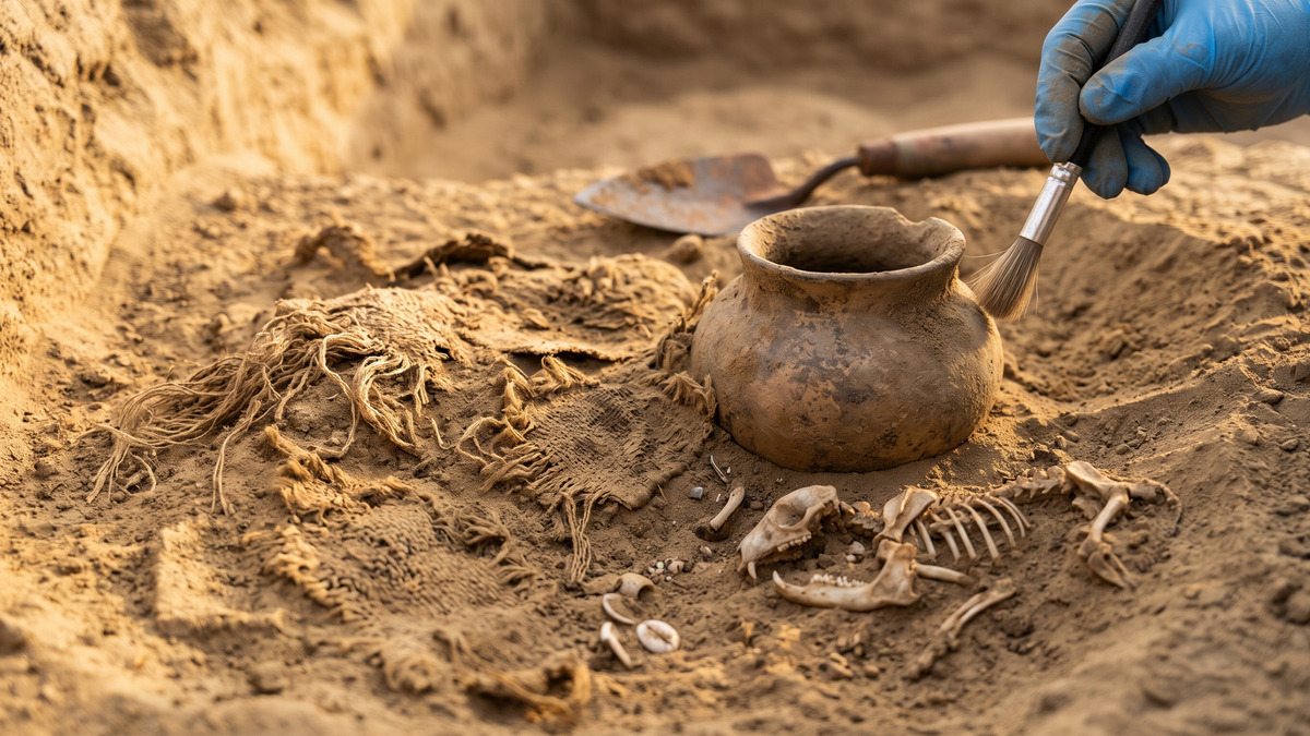 Ilustración de un pequeño ajuar funerario con vasija, figura animal y ornamentos junto a restos delicados en arena arqueológica.