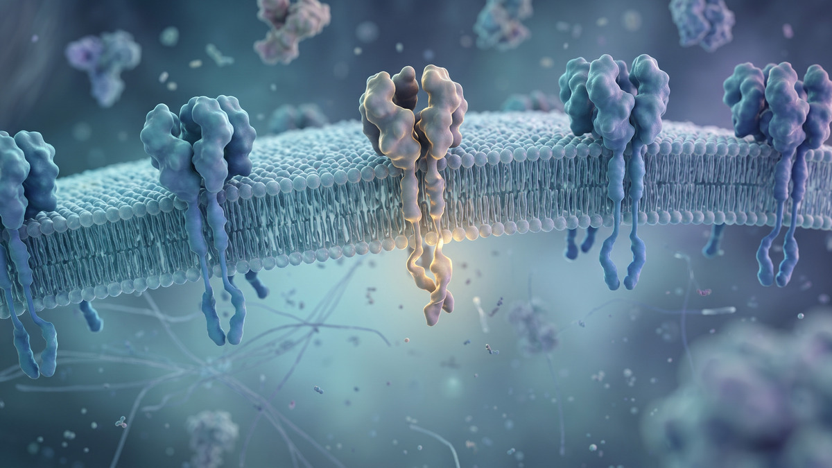 Ilustración de un receptor IL-21R mutado en la membrana de una célula inmune, con la cola citoplasmática destacada.