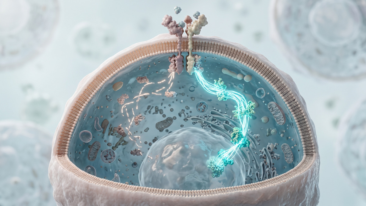 Ilustración de una célula inmunitaria comparando señales intracelulares hacia STAT1 y STAT3 tras IL-21.