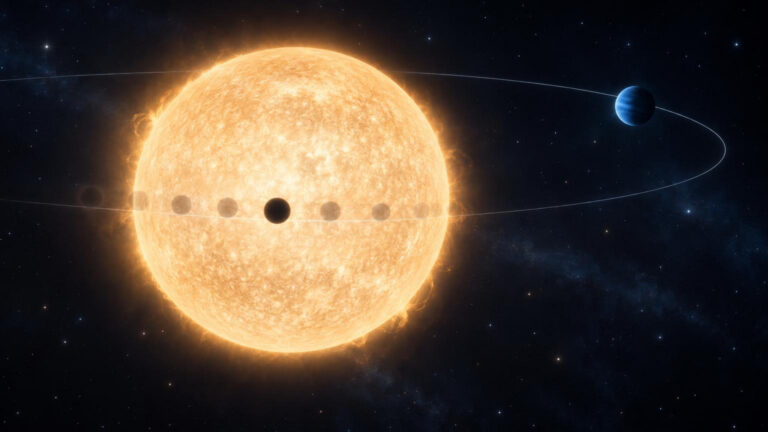 Ilustración de un exoplaneta transitando una estrella con señales visuales de medición precisa de tiempos orbitales.