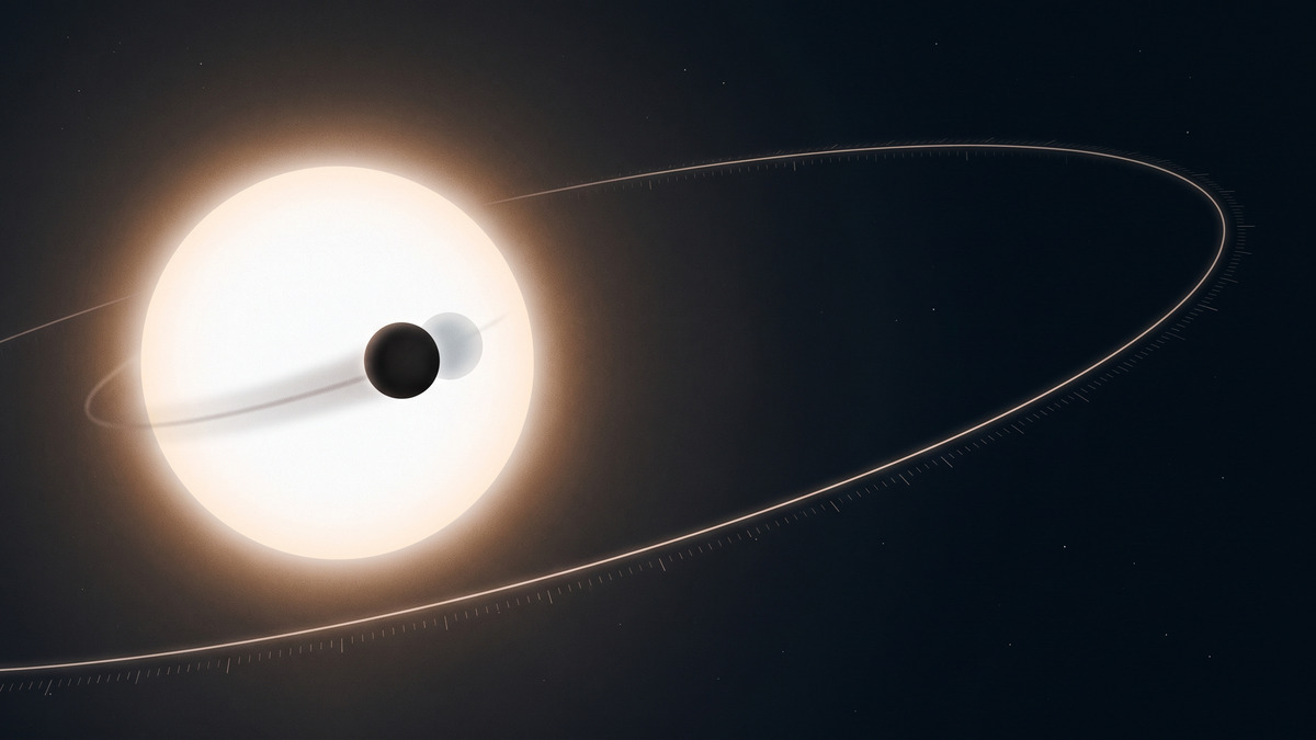 Ilustración de un planeta transitando una estrella con una línea orbital sutil y marcadores de tiempo visuales.