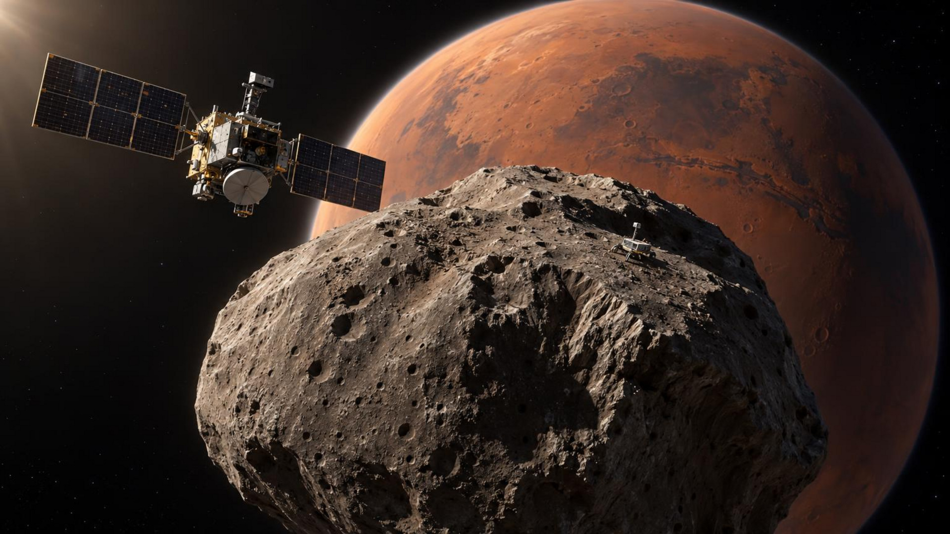 Ilustración de la misión MMX cerca de Fobos, con Marte al fondo y un pequeño rover sobre la superficie de la luna marciana.
