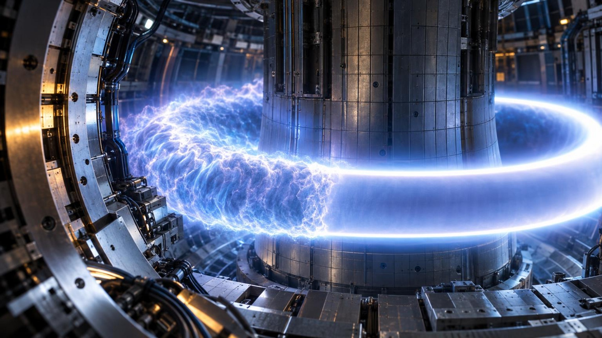 Ilustración de un plasma toroidal en un tokamak con una franja brillante en el borde que representa el pedestal del modo H.