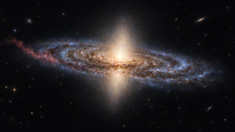 Ilustración de NGC 4698 con disco espiral, bulbo perpendicular y una tenue cola de gas a un lado.