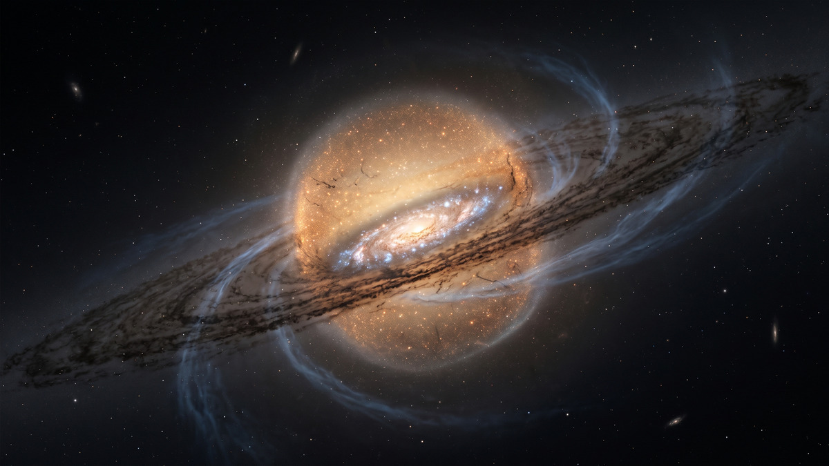 Ilustración del centro de NGC 4698 con un disco interior inclinado y gas capturado girando fuera de sincronía