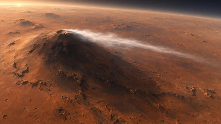 Ilustración de la nube alargada de hielo de agua a sotavento del volcán Arsia Mons en Marte.