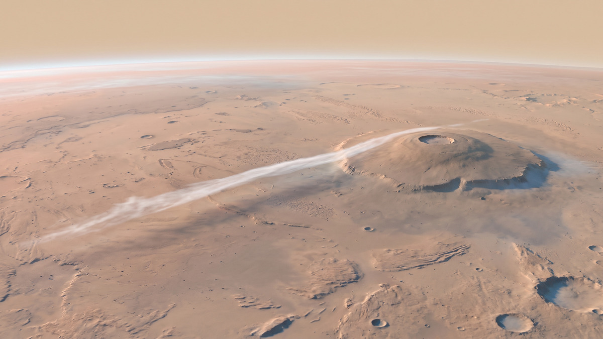 Ilustración de la nube alargada de Arsia Mons sobre el amanecer marciano.
