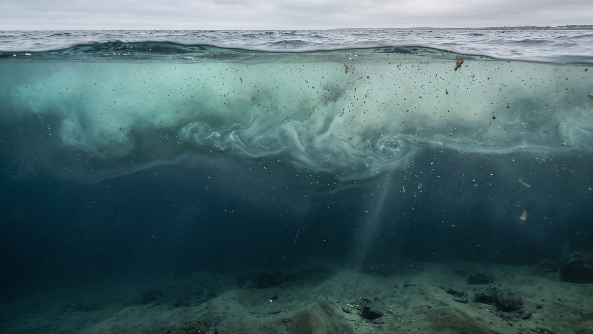 Ilustración de capas de agua marina fría con un frente turbio y estratificado sobre la plataforma continental.