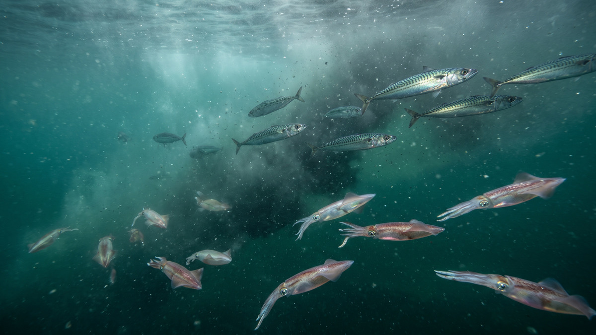 Ilustración de especies marinas contrastadas en una misma corriente fría, con calamares y caballa insinuando una reorganización de capturas.